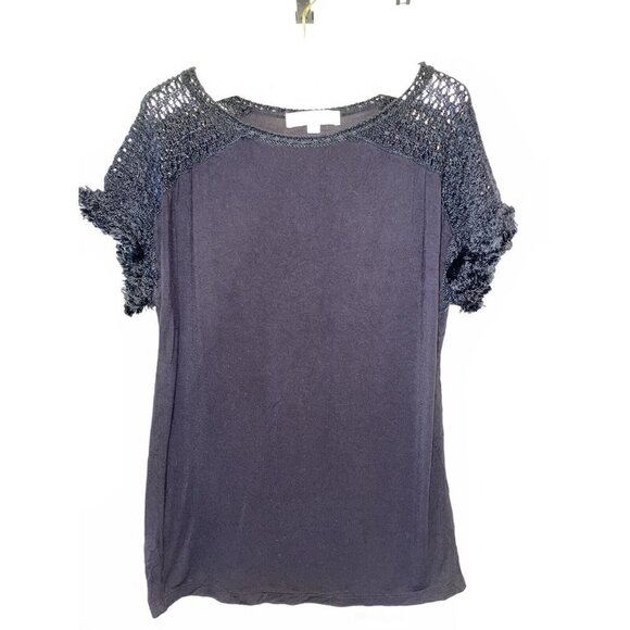 Loft Black Pullover Soft Top Short Sleeve Crochet & Fringe Size Small Boho Hippy - Picture 1 of 6